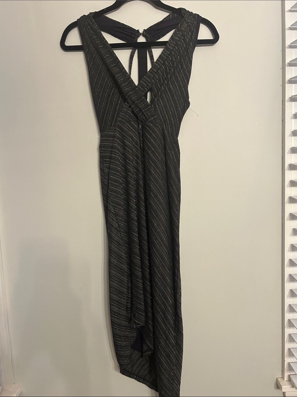 Free People Black with Gold Metallic-Striped Asymmetrical Midi Dress